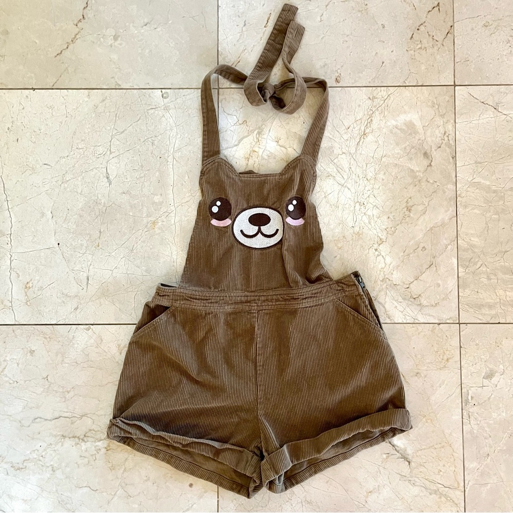 Hot Topic Embroidered Brown Teddy Bear Corduroy Bib Shorts Size Small Coveralls